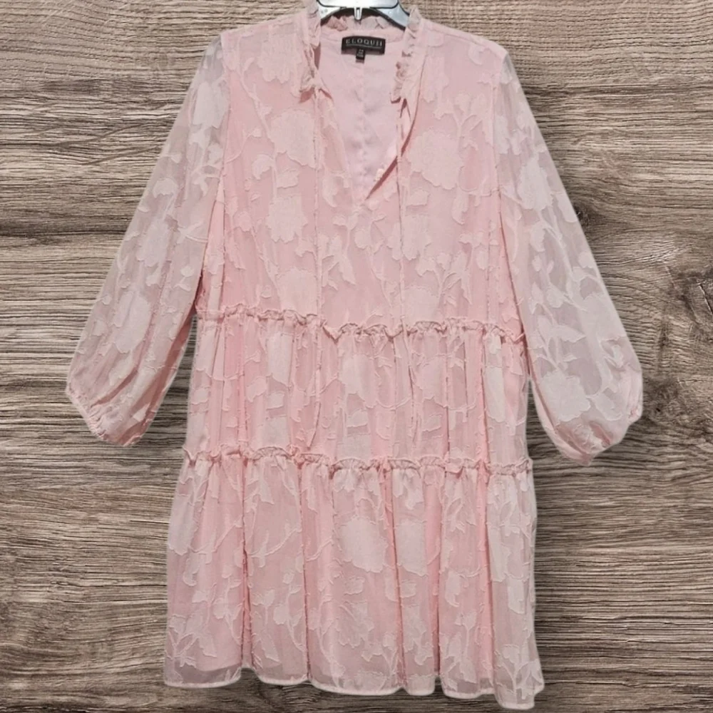 Eloquii Mini Pink Chiffon Tiered Ruffle Dress with Bow Neck Long Sleeve Boho